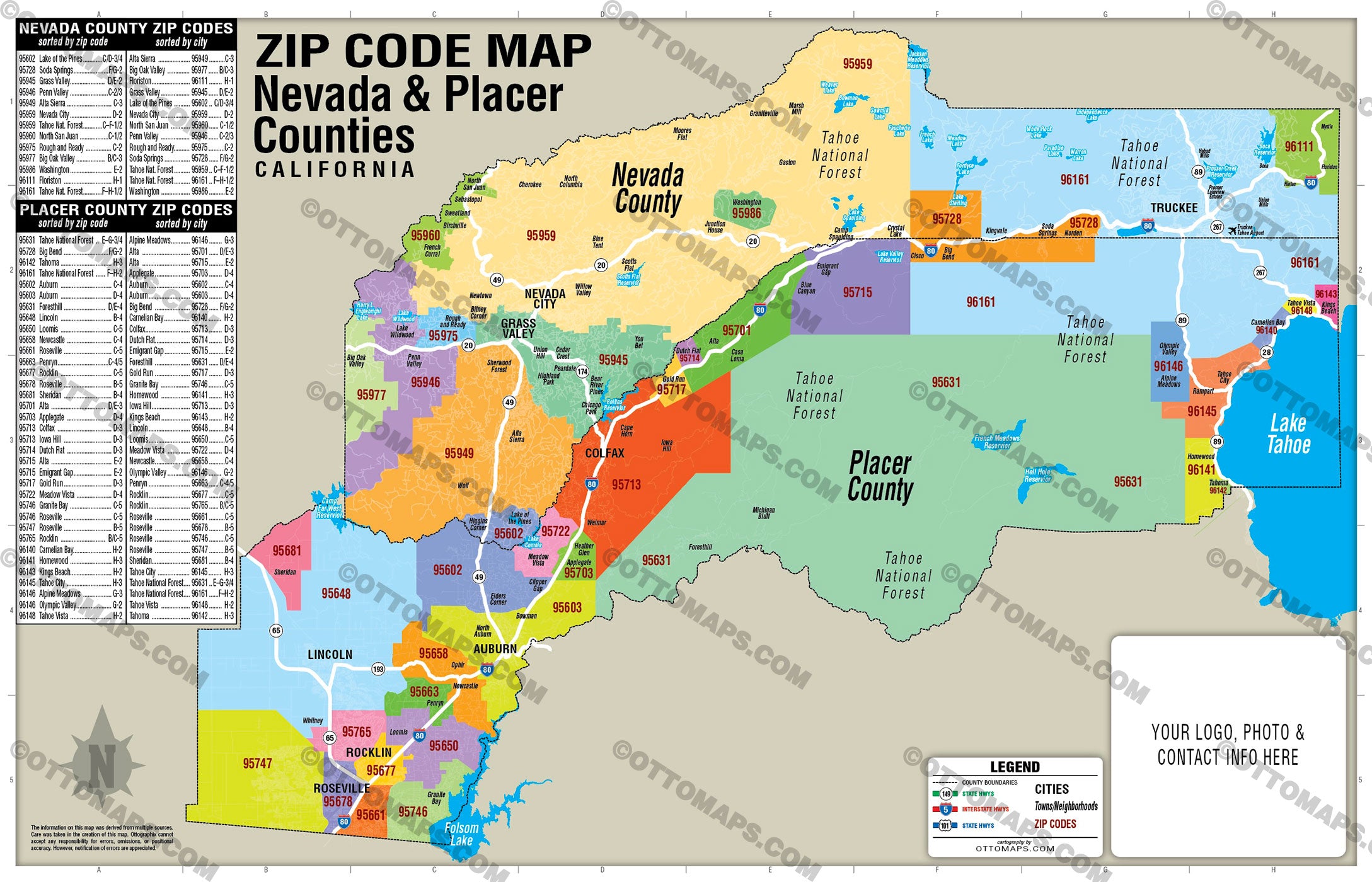 Nevada County and Placer County Zip Code Map - FILES - PDF and AI, editable, vector, royalty free