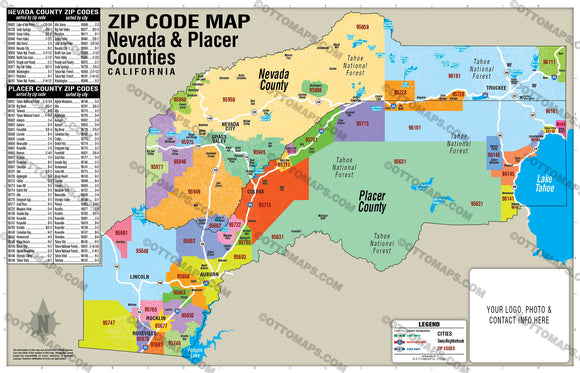 Nevada County and Placer County Zip Code Map – Otto Maps