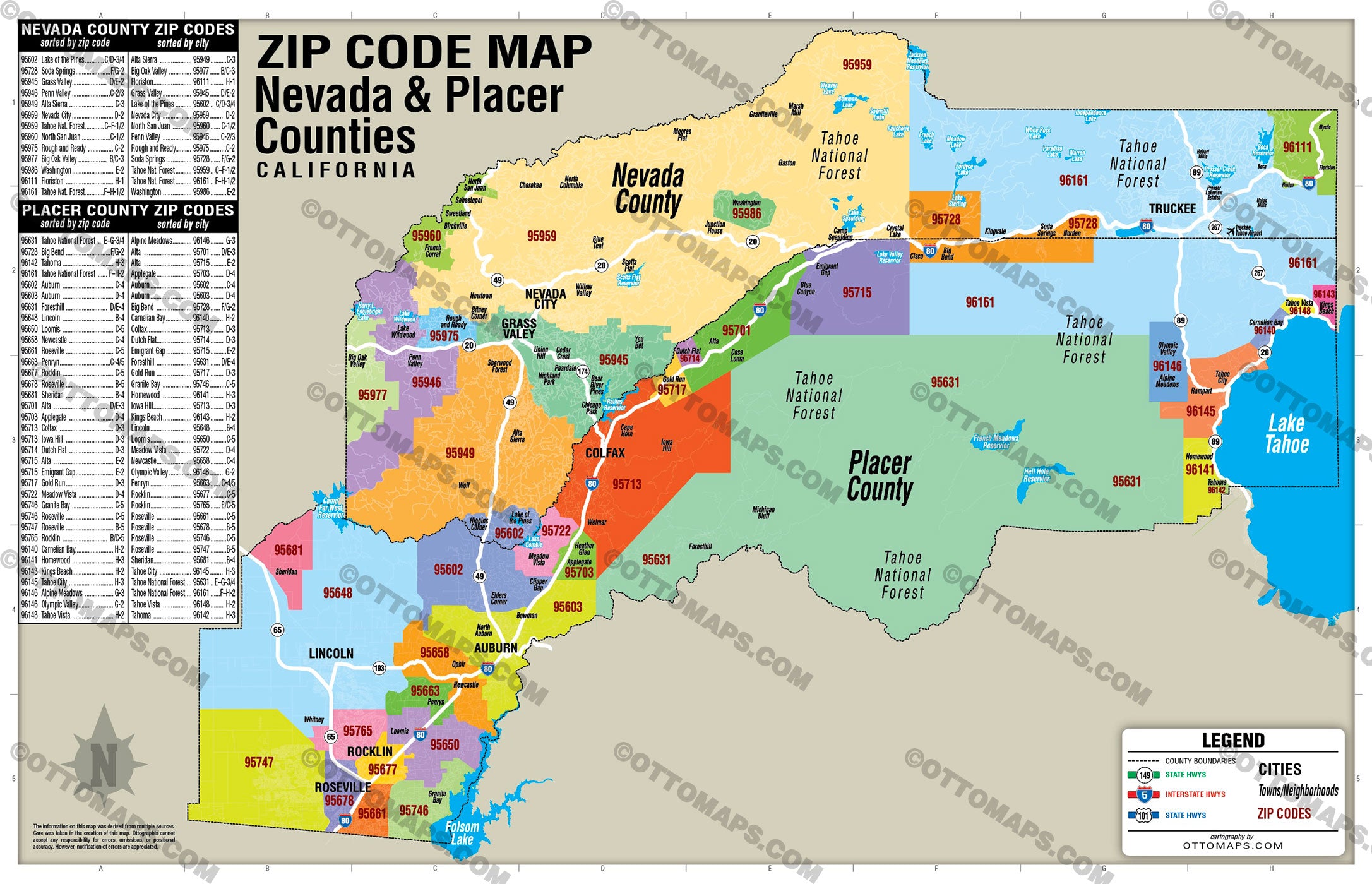 Nevada County and Placer County Zip Code Map - FILES - PDF and AI, editable, vector, royalty free