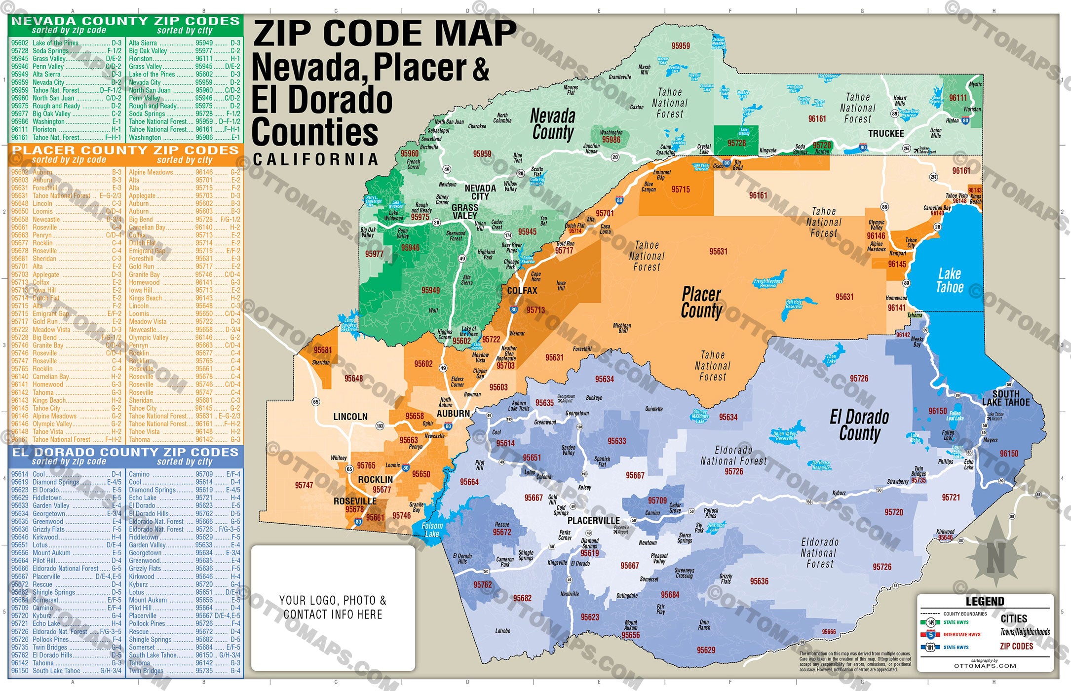 Nevada, El Dorado and Placer Counties Zip Code Map - PDF, editable, royalty free