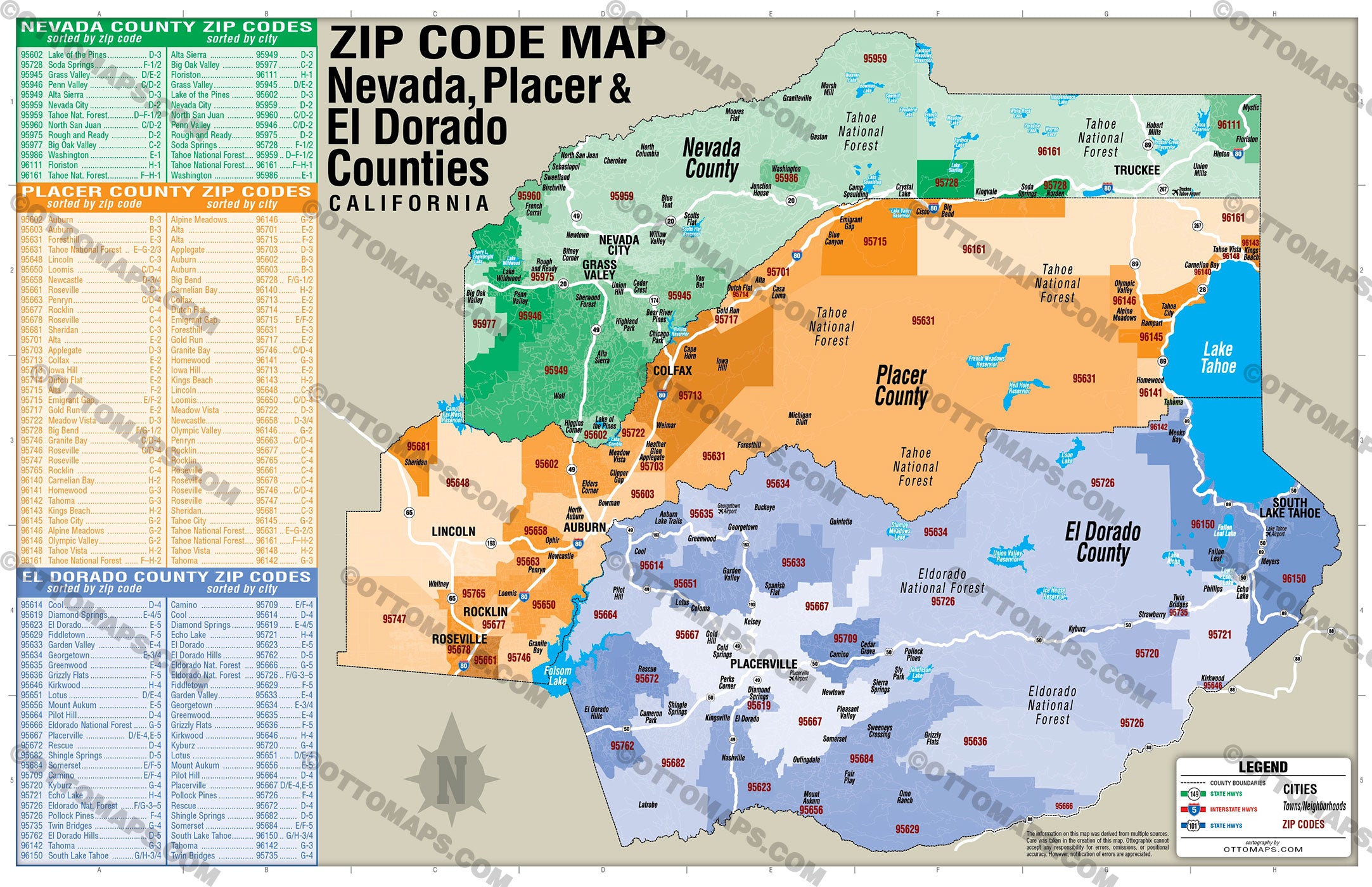 Nevada, El Dorado and Placer Counties Zip Code Map - PDF, editable, royalty free