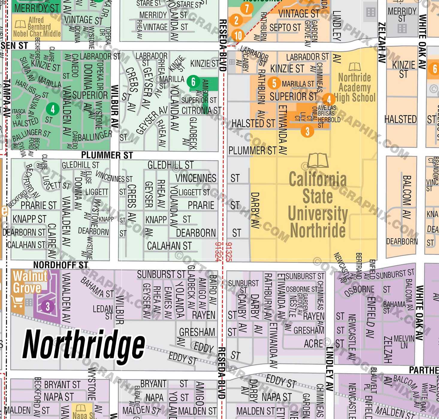 Northridge and Granada Hills Map, Los Angeles County, CA