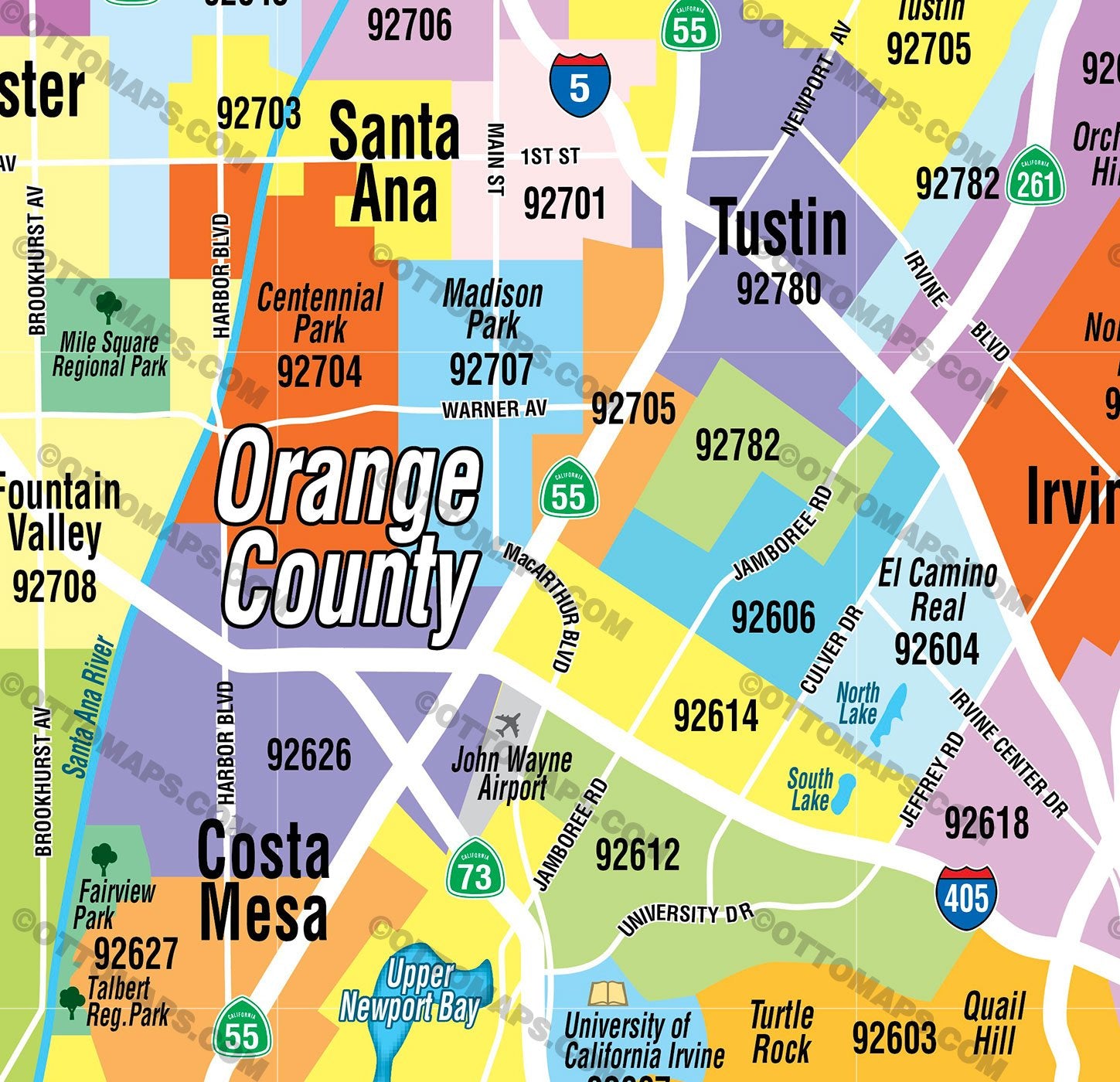 Orange County Zip Code Map - PDF, editable, royalty free