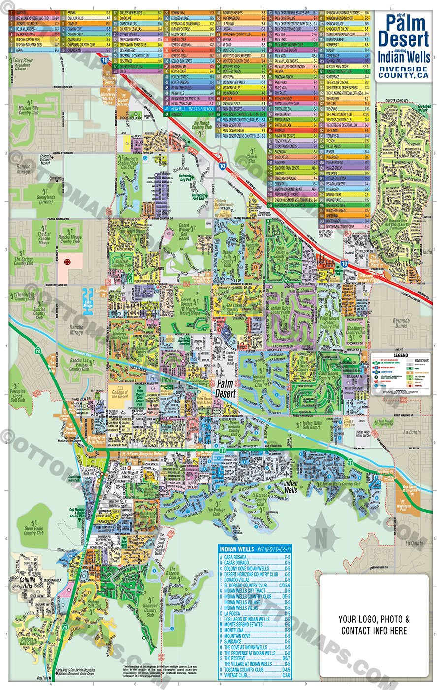 Palm Desert Map with Indian Wells, Riverside County, CA - FILES - PDF and AI, editable, vector, royalty free