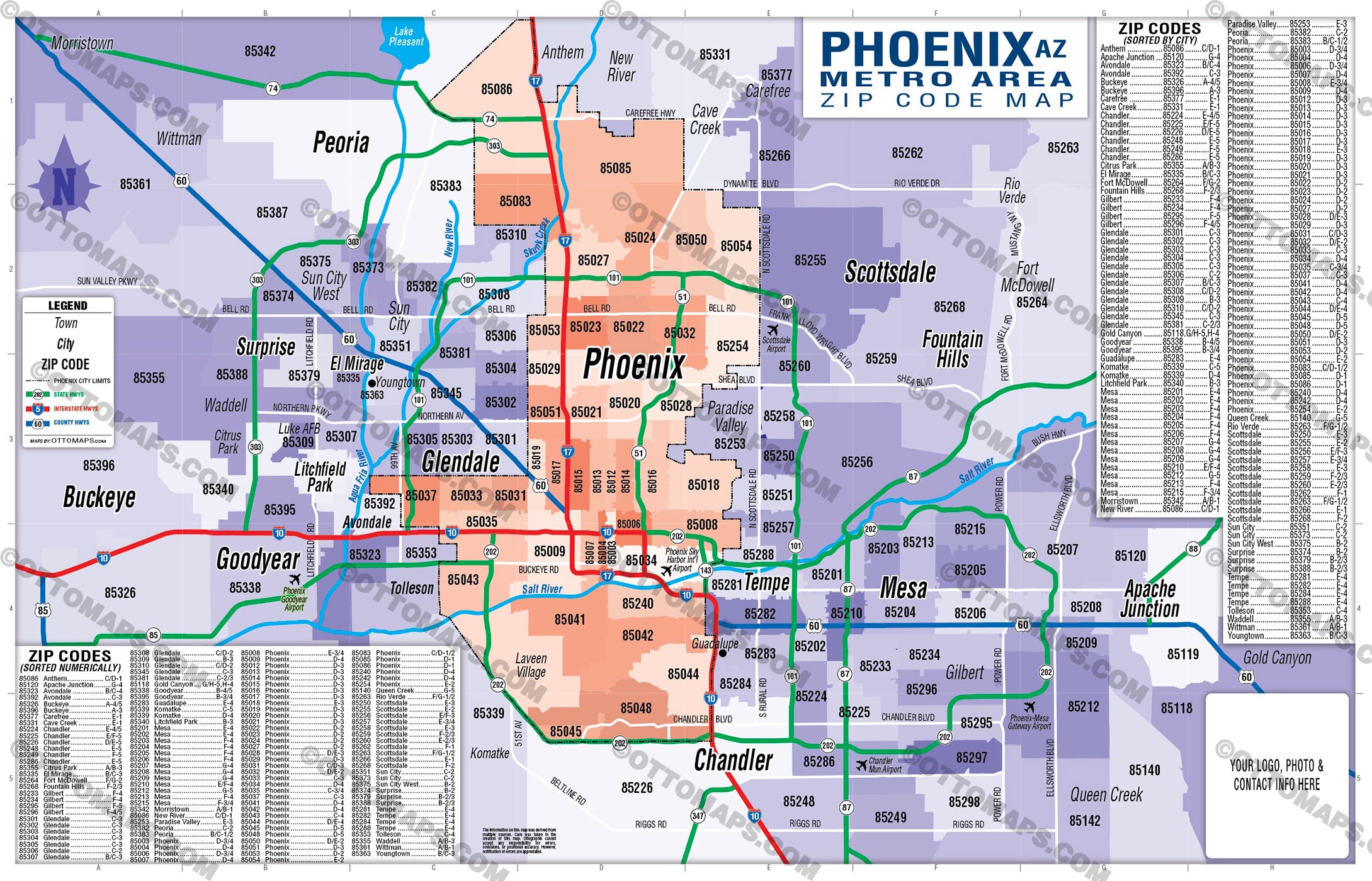 Phoenix Metro Area Zip Code Map (Cities colored) - FILES - PDF and AI, editable, layered, vector, royalty free