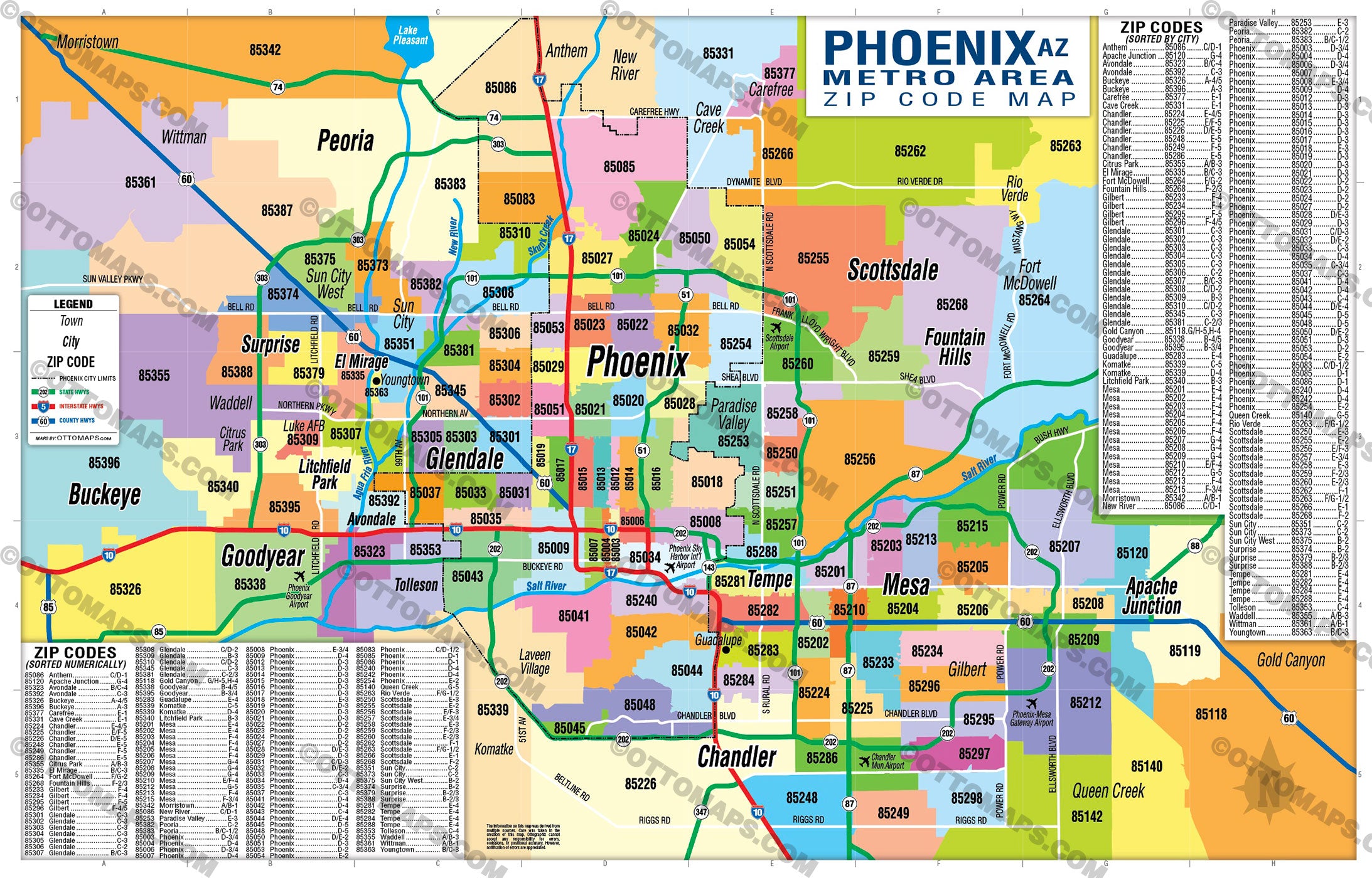 Phoenix Metro Area Zip Code Map (Zip Codes Colored) - FILES - PDF and AI, editable, layered, vector, royalty free