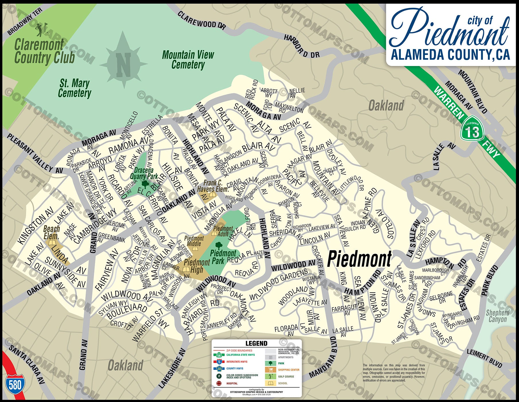 Piedmont Map, Alameda County, CA - PDF, vector, royalty free