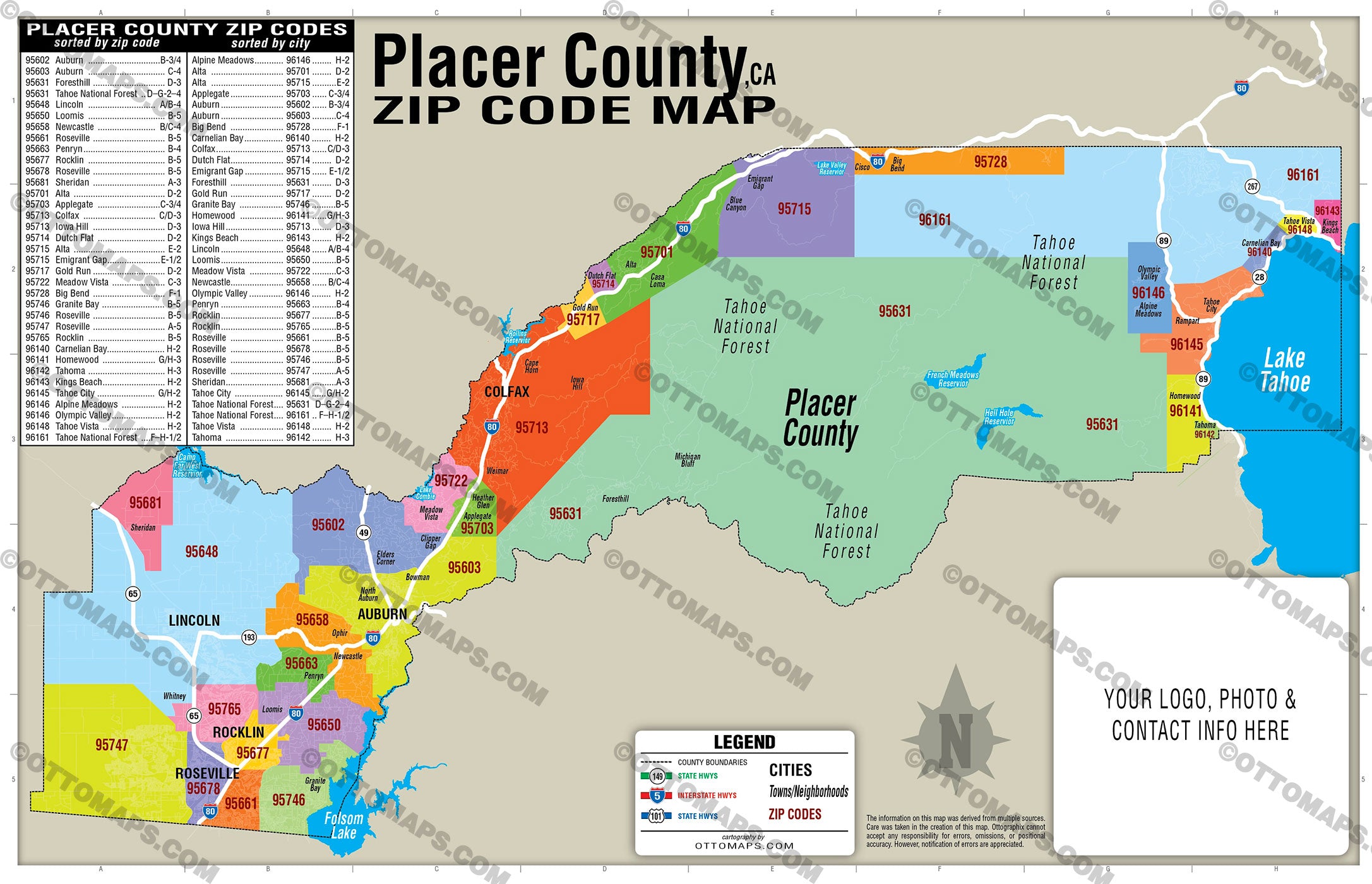 Placer County Zip Code Map - PDF, editable, royalty free