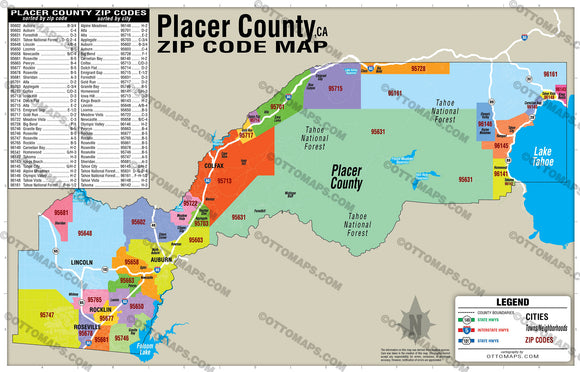 Placer County Zip Code Map - PDF, editable, royalty free