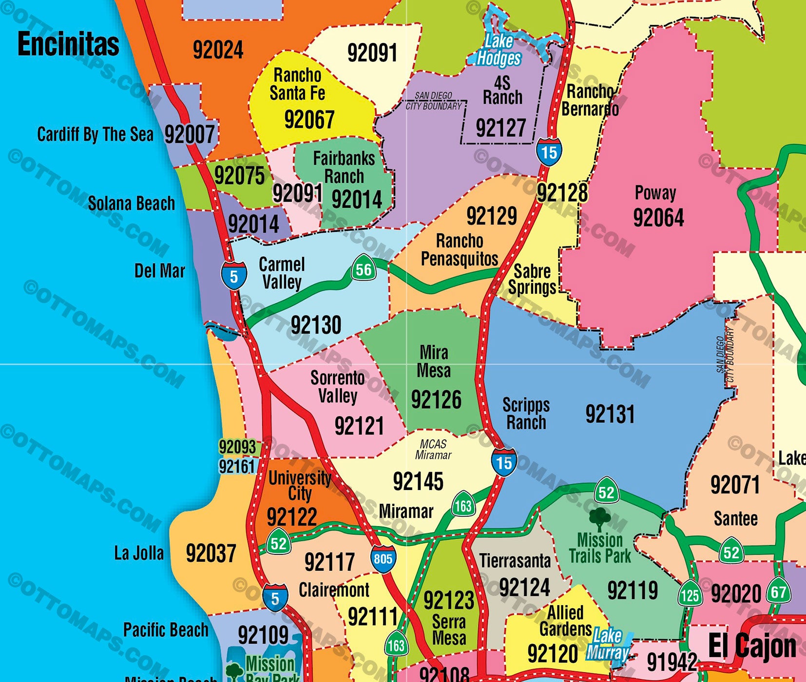 San Diego County Zip Code Map - PDF, editable, royalty free