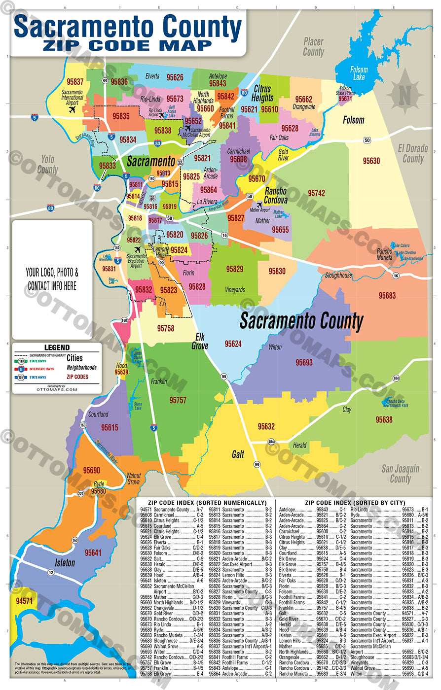 Sacramento County Zip Code Map - FILES - PDF and AI, editable, vector, royalty free