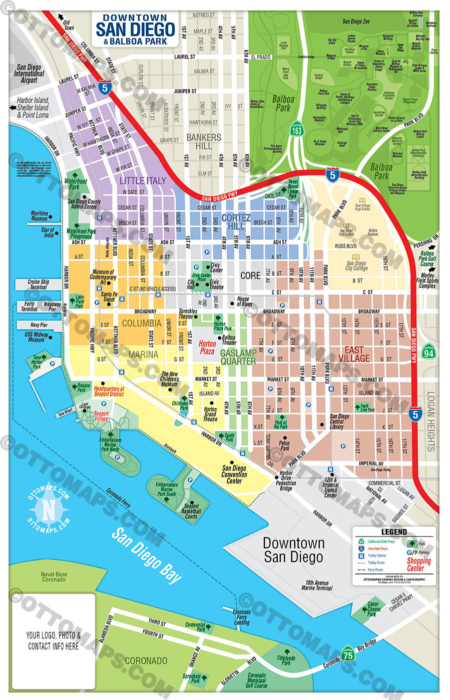 Downtown San Diego Neighborhood Map - PDF, editable, royalty free