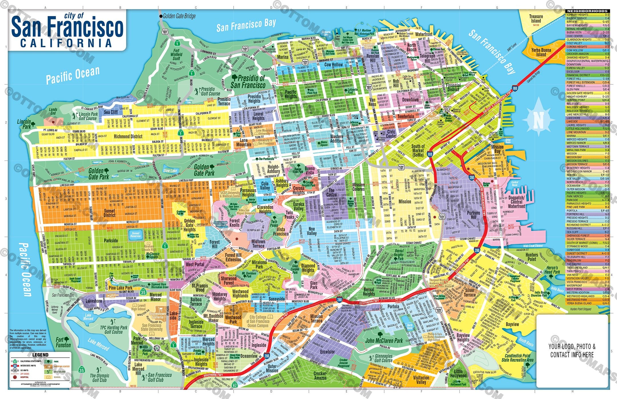 San Francisco Map with Neighborhood Boundaries - FILES - PDF and AI, editable, vector, royalty free