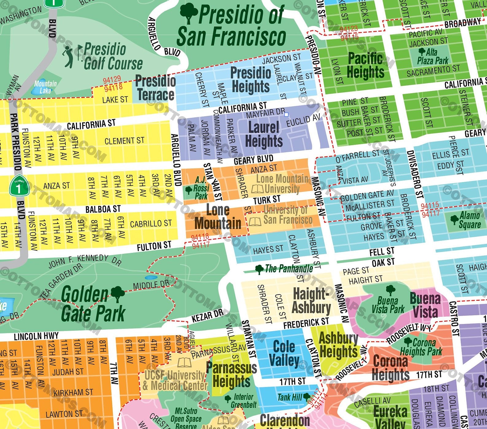 San Francisco Map with Neighborhood Boundaries - FILES - PDF and AI, editable, vector, royalty free