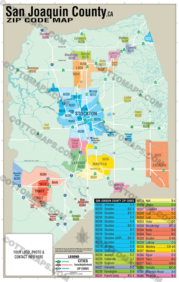 San Joaquin County Zip Code Map - PDF, editable, royalty free