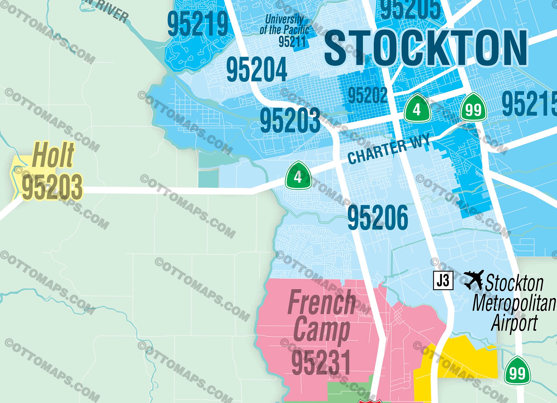 San Joaquin County Zip Code Map - PDF, editable, royalty free