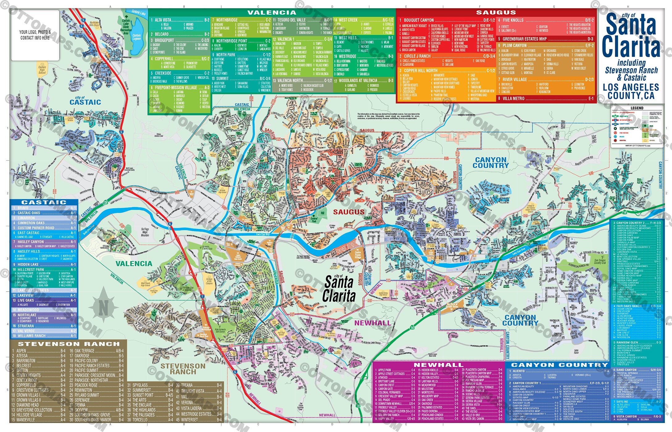 Santa Clarita Map with Castaic, Los Angeles County, CA - FILES - PDF and AI, editable, vector, royalty free