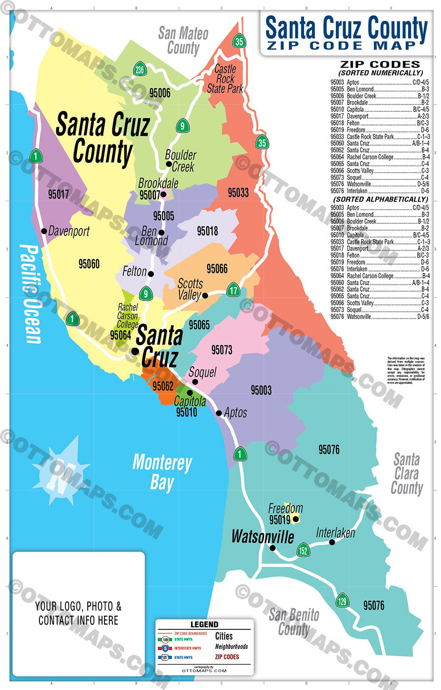 Santa Cruz County Zip Code Map - PDF, editable, royalty free