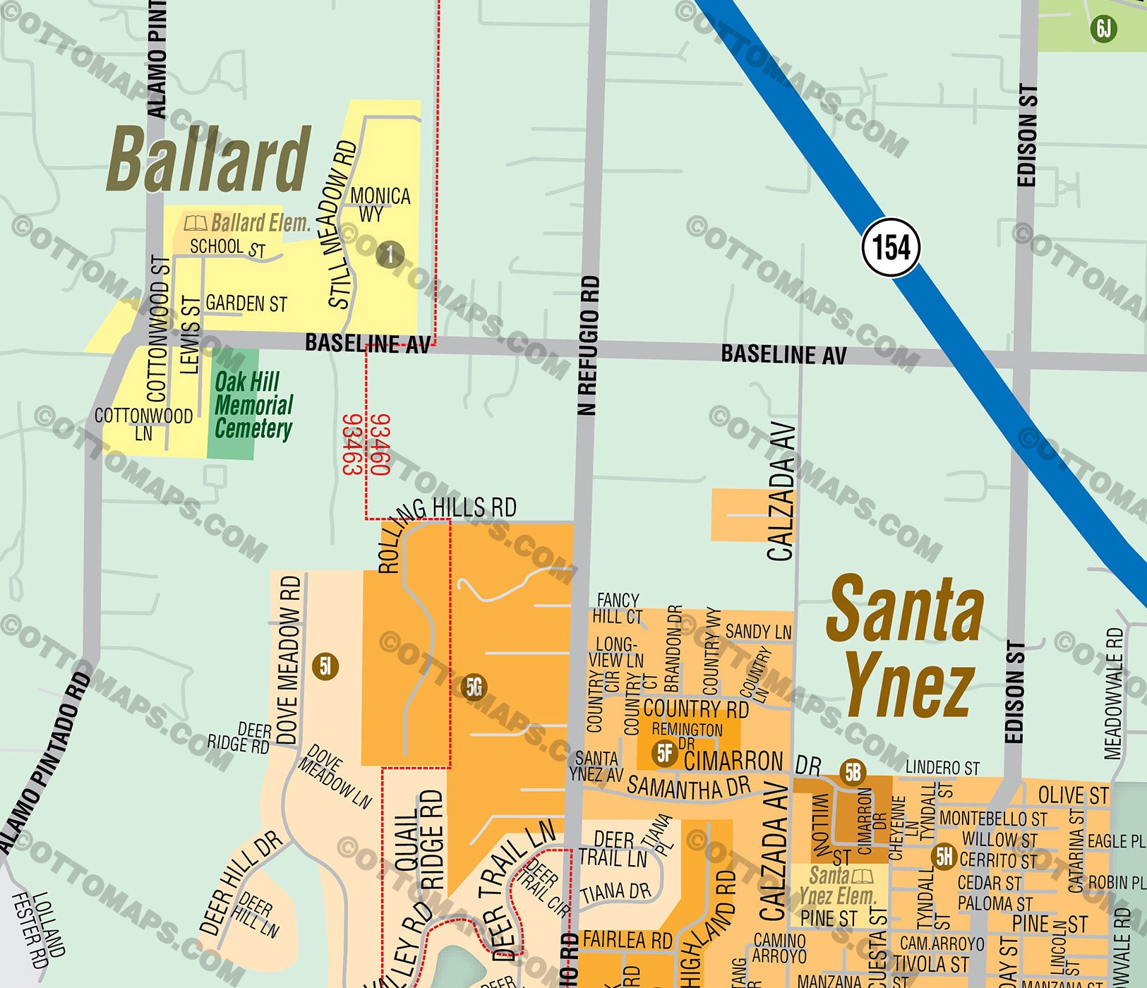 Santa Ynez Valley Map, Santa Barbara County, CA