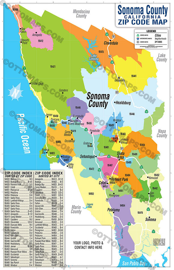 Sonoma County Zip Code Map - PDF, editable, royalty free