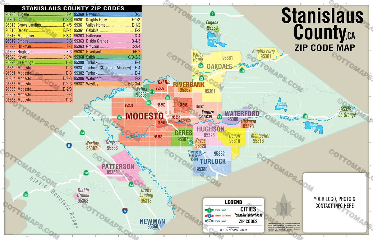 Merced California Zip Code Stanislaus County Zip Code Map - California - FILES - PDF and AI, edit ...