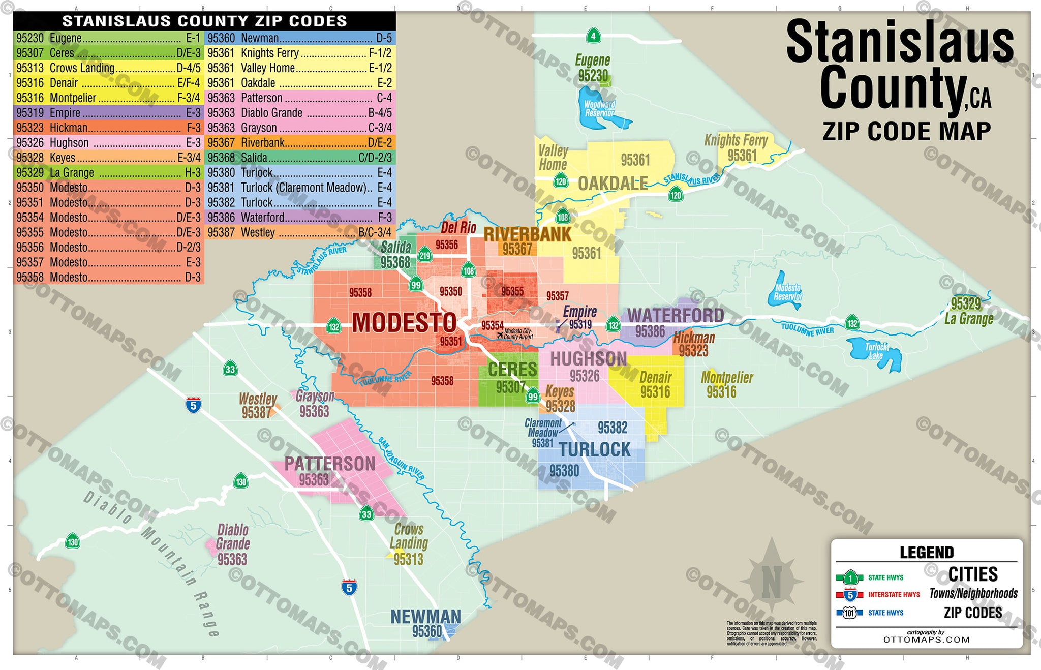 Stanislaus County Zip Code Map - California – Otto Maps