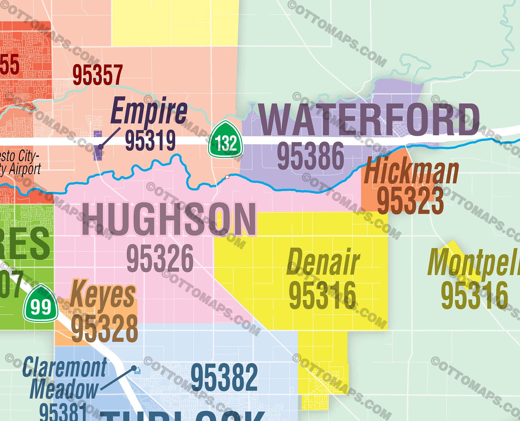 Stanislaus County Zip Code Map - PDF, editable, royalty free