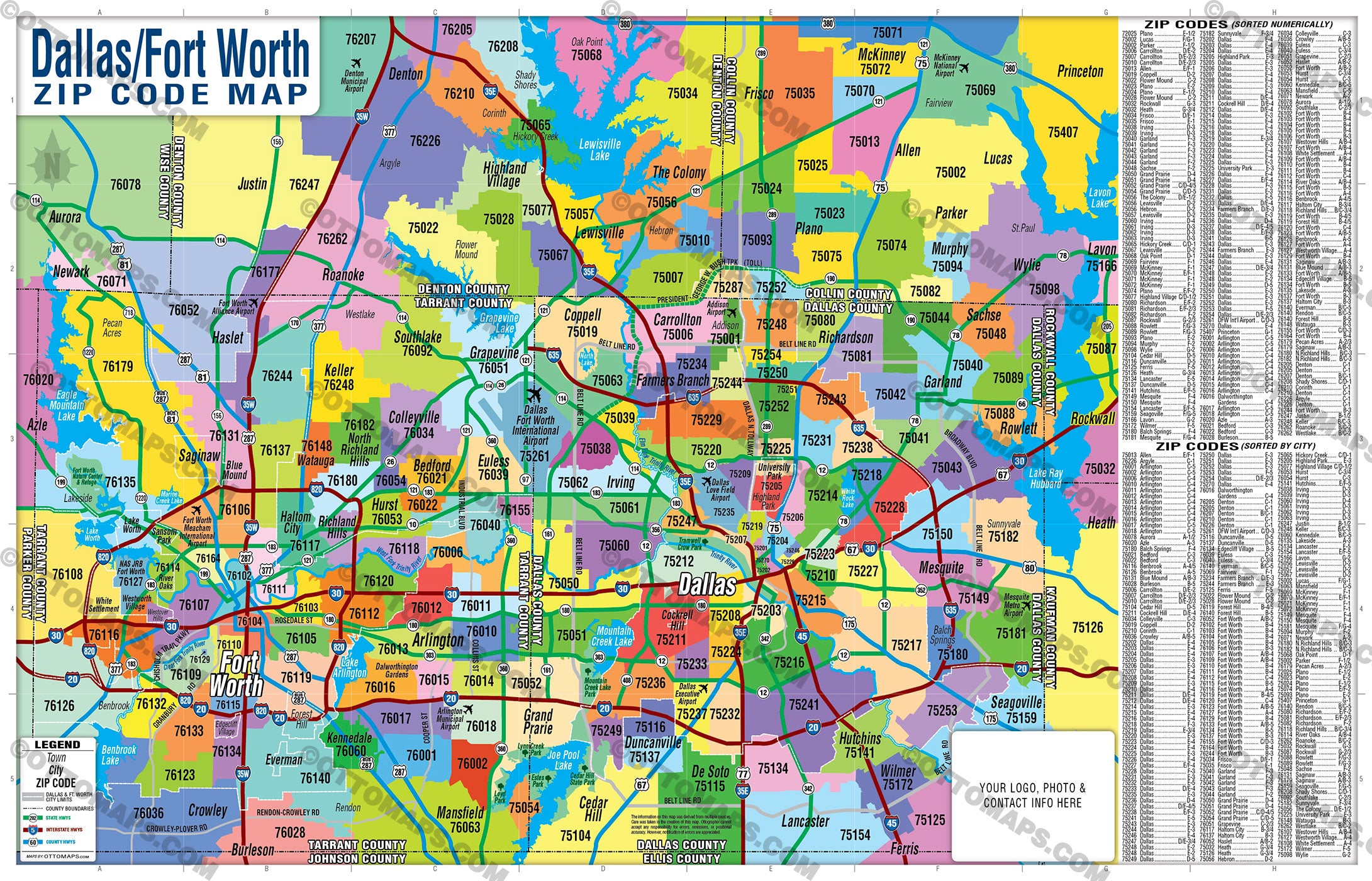 Dallas Fort Worth Zip Code Map - PDF, editable, royalty free