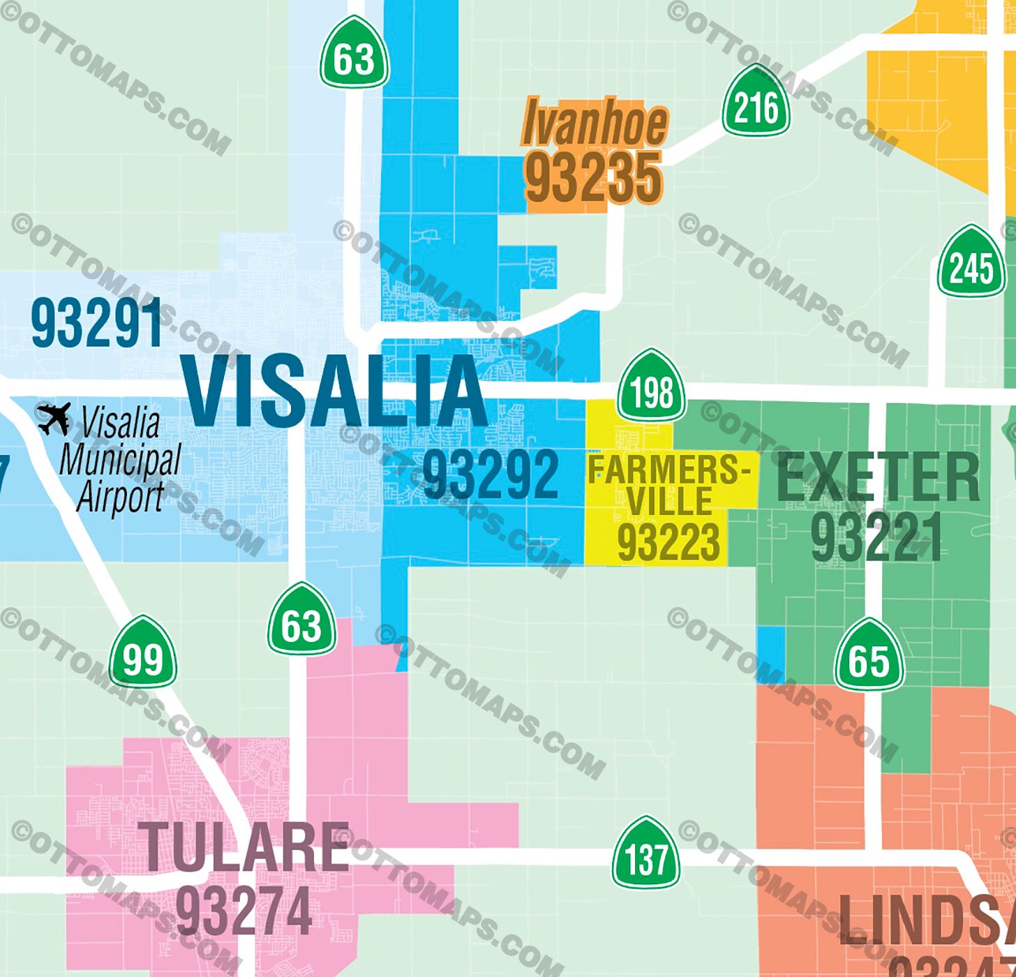 Tulare County Zip Code Map - PDF, editable, royalty free