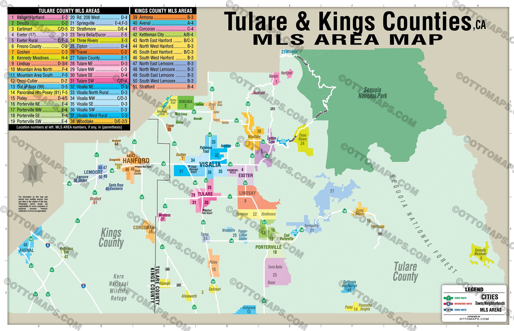 Tulare and Kings Counties MLS Area Map - California - PDF, editable, royalty free