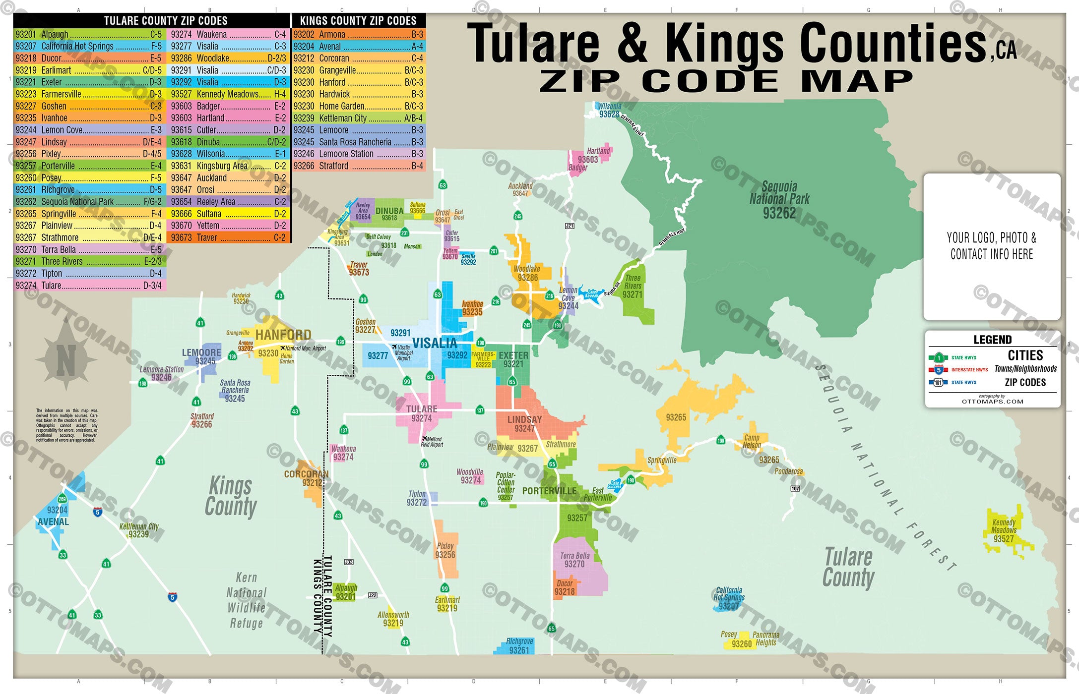 Tulare County and Kings County Zip Code Map - California - FILES - PDF and AI, editable, vector, royalty free