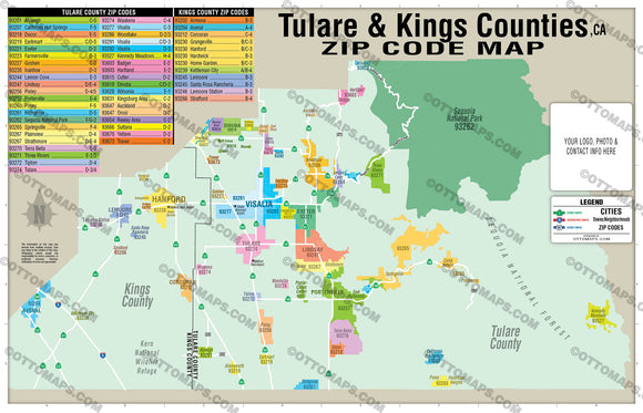 Tulare County and Kings County Zip Code Map - PDF, editable, royalty free