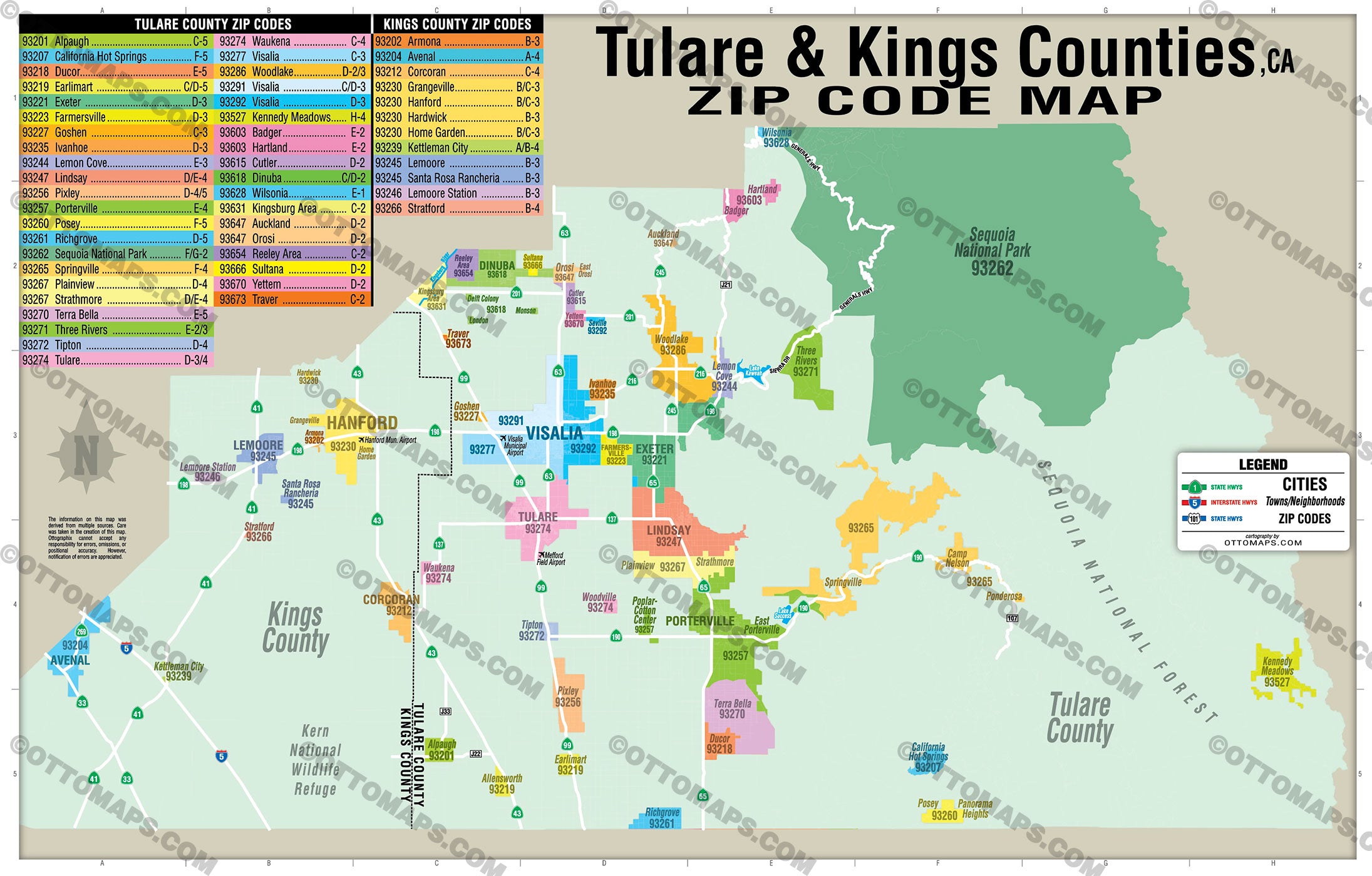 Tulare County and Kings County Zip Code Map - PDF, editable, royalty free