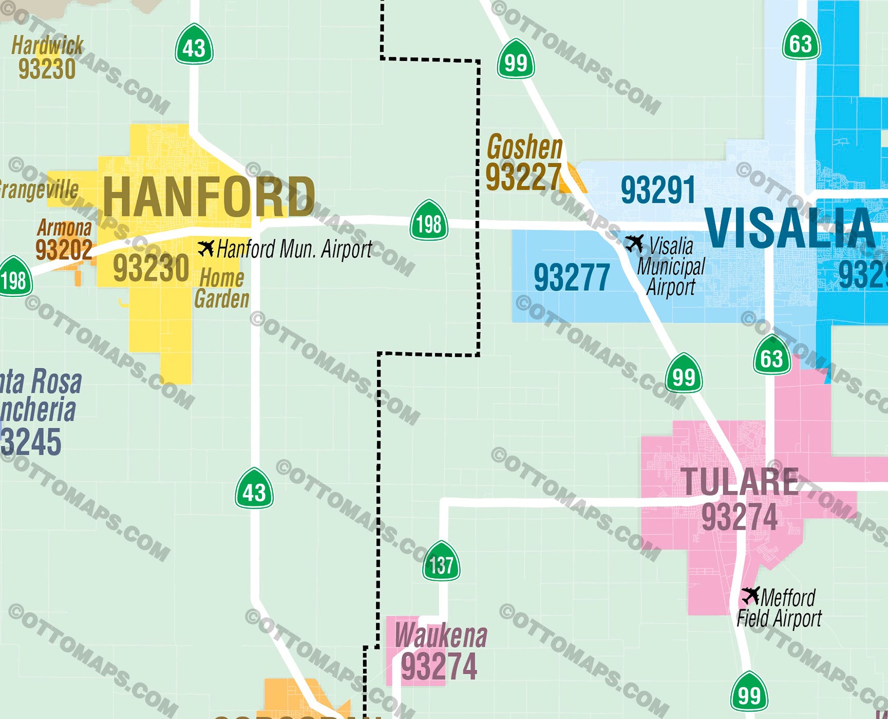 Tulare County and Kings County Zip Code Map - PDF, editable, royalty free