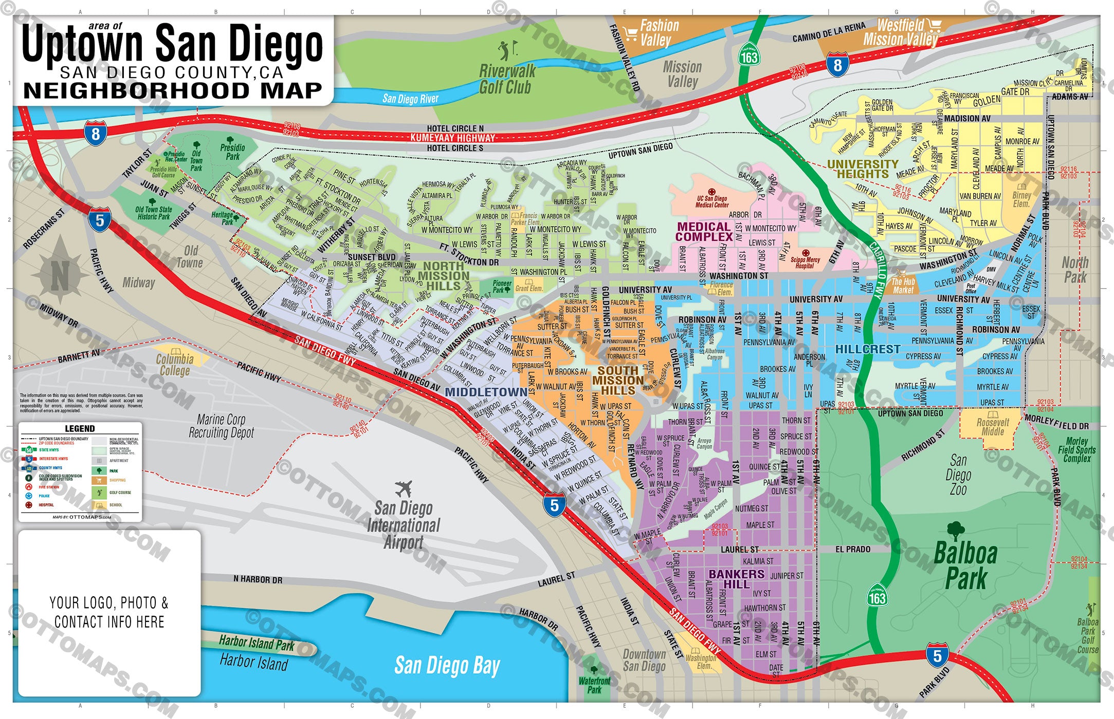 Uptown San Diego Map - PDF, editable, royalty free