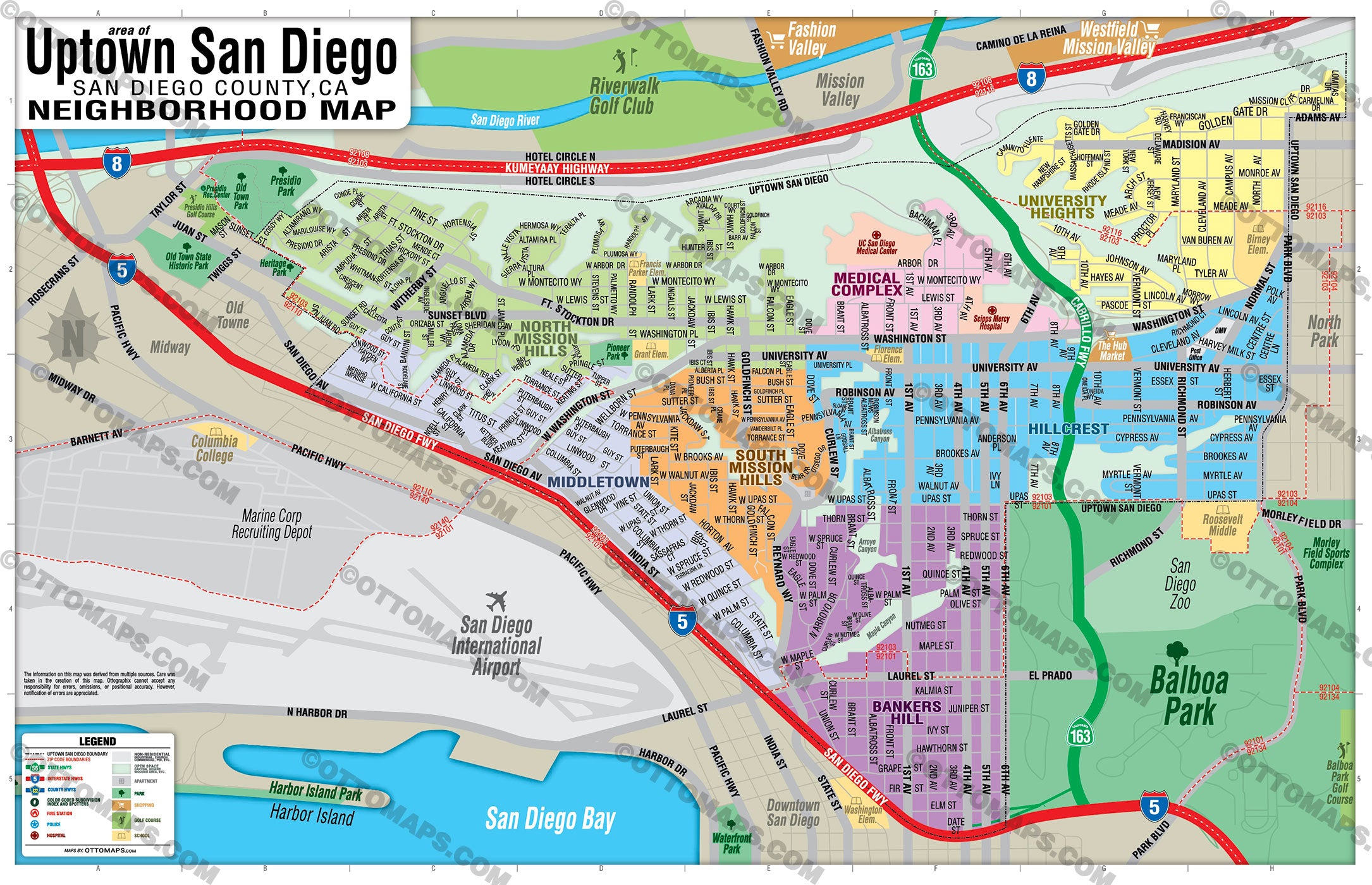 Uptown San Diego Map - PDF, editable, royalty free