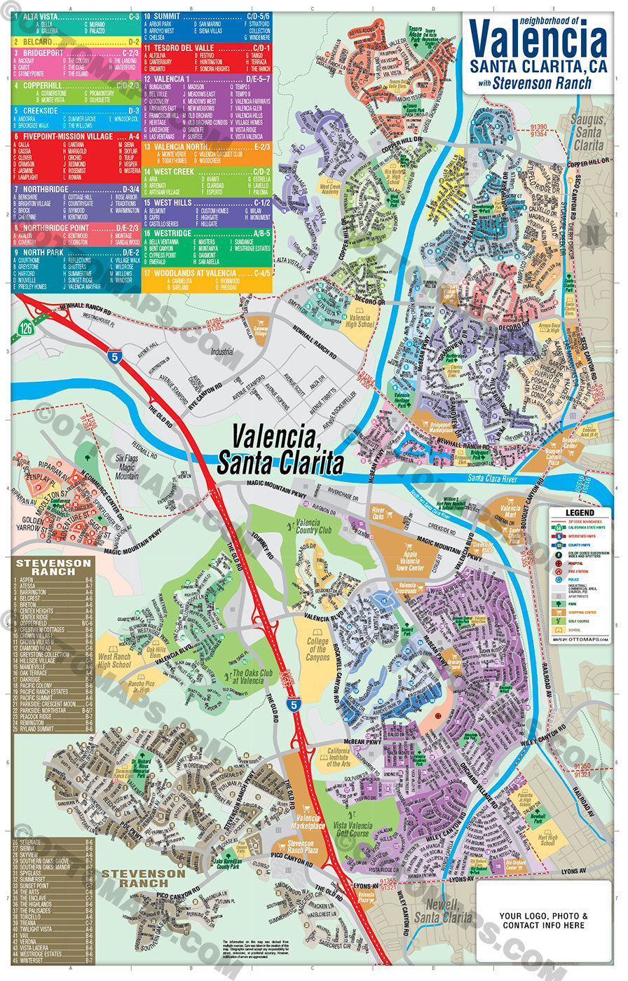 Valencia Map, Santa Clarita, with Stevenson Ranch - FILES - PDF and AI, editable, vector, royalty free