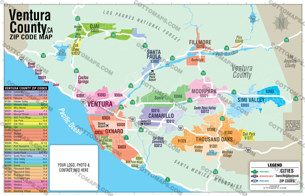 Ventura County Zip Code Map - California - FILES - PDF and AI, editabl ...