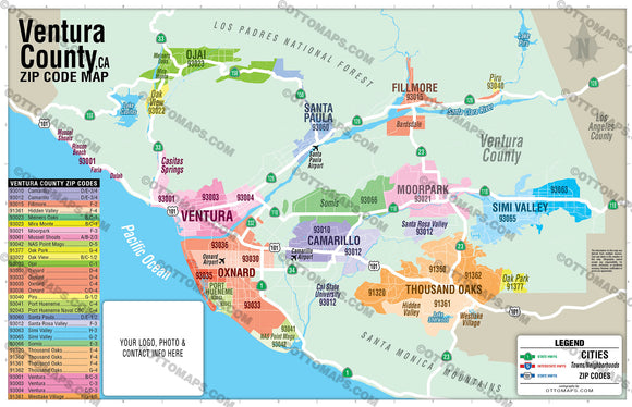 Ventura County Zip Code Map - PDF, editable, royalty free