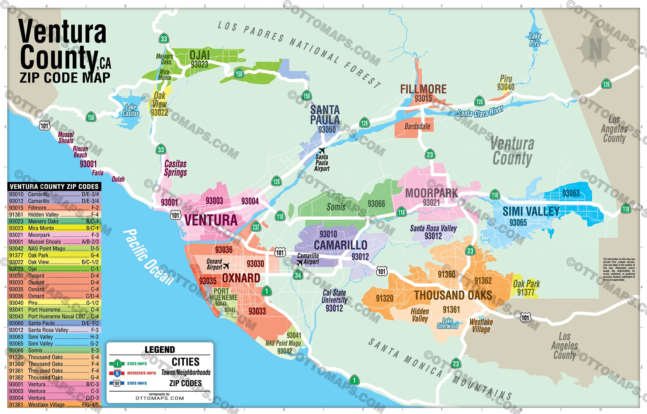 Ventura County Zip Code Map - PDF, editable, royalty free